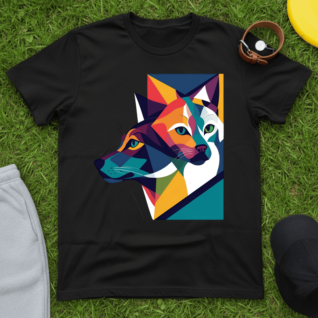 Black t-shirt with a colorful geometric wolf design on grass