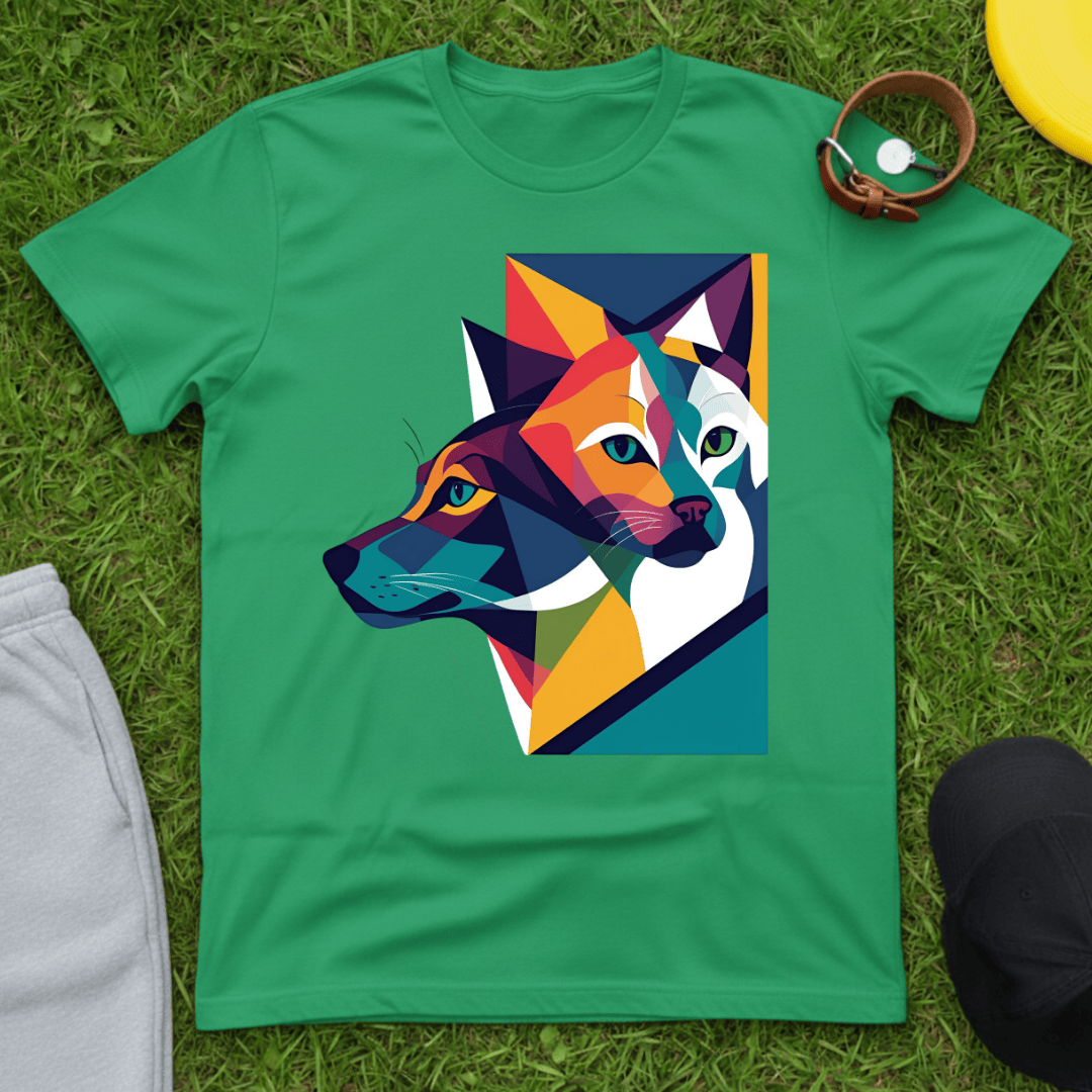 Green t-shirt with a colorful wolf graphic on grass